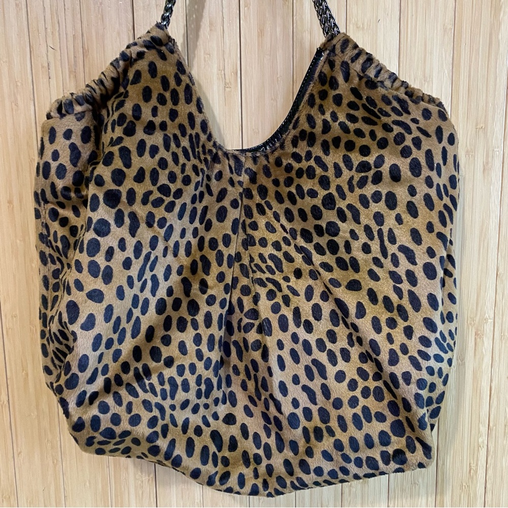 Chico’s Cheetah Print Faux Suede Shoulder Bag Metal Chain